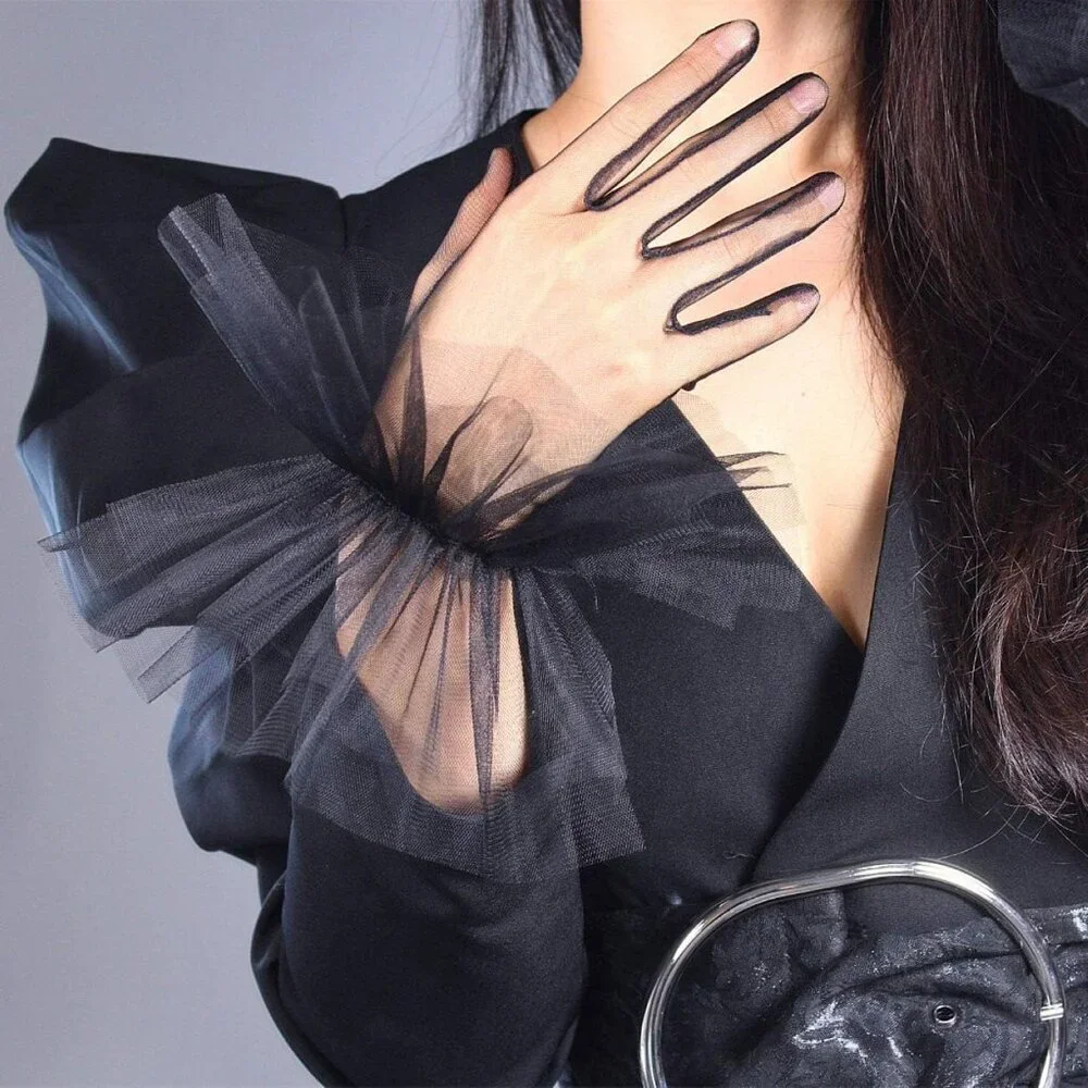 Women Mesh Ruffle Gloves White Wrist Dressy Evening Party Accessories